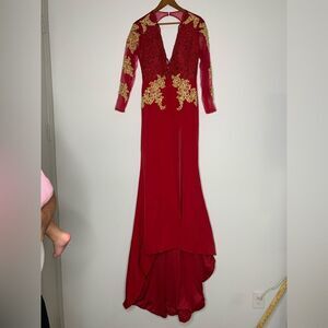 Luxurious Red and Gold Long Sleeve Gown